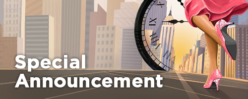 Special Announcement block with woman running in city with clock in background